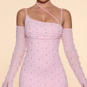 Oh Polly - SOHO Embellished Asymmetric Corset Mini Dress in Blush